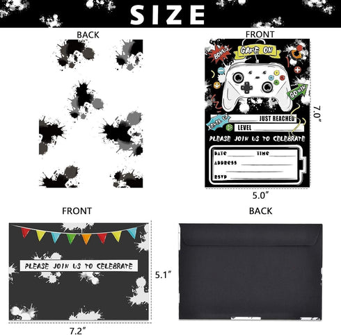 WERNNSAI Watercolor Video Game Party Invites - 20 Set Fill-in Invitations with Envelopes for Boys Birthday