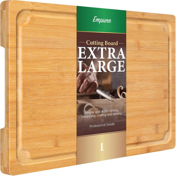 Empune Extra Large Bamboo Cutting Board, 16" with Juice Groove and Handles, Heavy Duty Kitchen Chopping Board