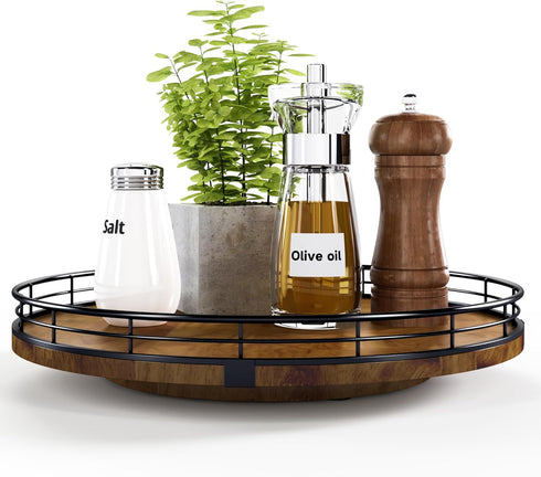 Farmhouse Oak 12" Lazy Susan Turntable Organizer for Cabinet, Round Wooden Storage for Dining Table, Pantry, Kitchen,