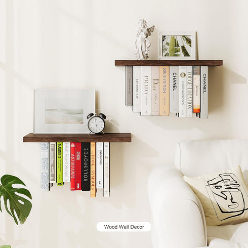 2 Pack Floating Bookshelves for Wall, Rustic Wood Hanging Wall Bookshelf, Upside Down Book Shelf and Wall Mounted