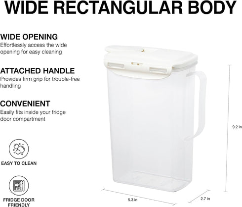 LocknLock Aqua Fridge Door Water Jug with Handle, BPA Free Plastic Pitcher with Flip Top Lid, 2 Quarts, Ivory