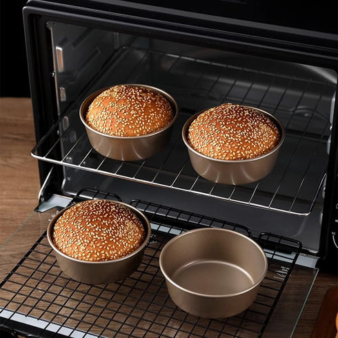 2Pcs Round Steel Mini Bread Cake Pan, 4 Inch Non-Stick Hamburger Bun Molds, Cheesecake Baking Mold for Kitchen Bakeware