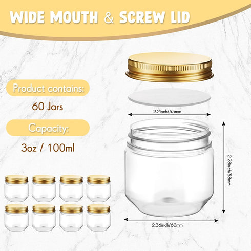 60 3 oz Tanlade Pcs Clear Plastic Jars with Lids Wide Mouth Mason Jars Mini Storage Containers Bulk for Herb Jelly