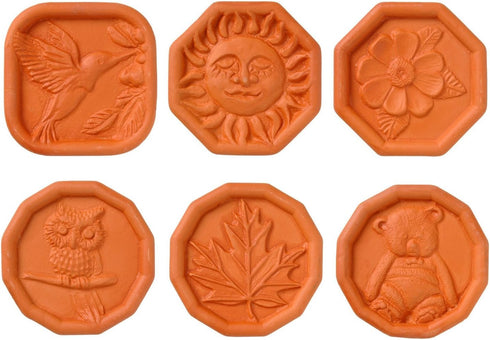 JBK Pottery Brown Sugar Savers, Set of 6 - Hummingbird, Maple Leaf, Sun, Owl, Bear, and Daisy Designs