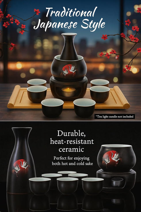 LOONCREST Set 6 1 1 Set Japanese Sake Cup with Ceramic Cups, Ceramic Sake Bottle, Ceramic Sake Warmer, Bamboo Tray