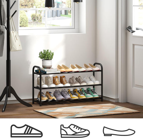 kiplant Closet, 3-Tier Closet Shoe Rack for Expandable Shoe Organizer, Metal Adjustable Black Shoe Shelf Storage