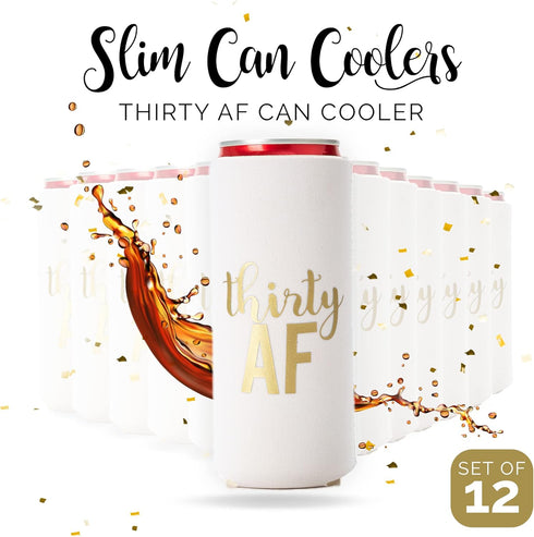 Thirty AF Can Coolers, 30th Birthday Party Coolies, Set of 12, White and Gold Dirty 30 Birthday Decoration