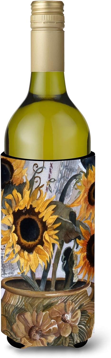 Caroline's Treasures JMK1202LITERK Pot of Sunflowers Wine Bottle Hugger - Machine Washable Insulated Beverage Holder