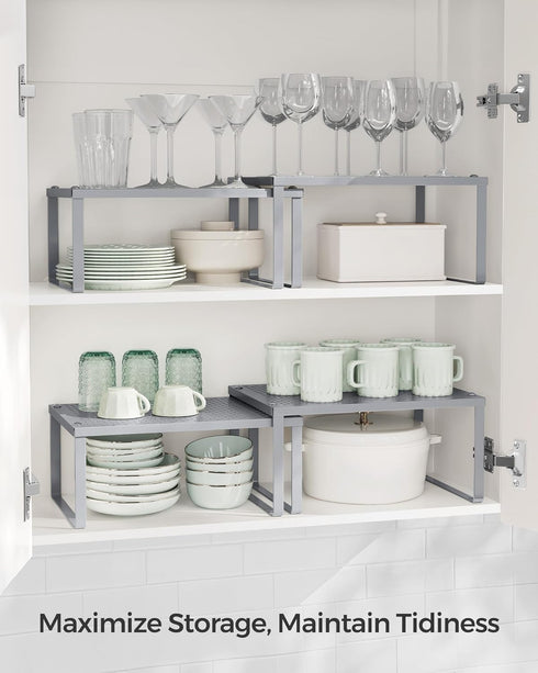 SONGMICS Spice Racks - Set of 2 Metal Cabinet Shelf Organizers, Stackable, Expandable, Silver
