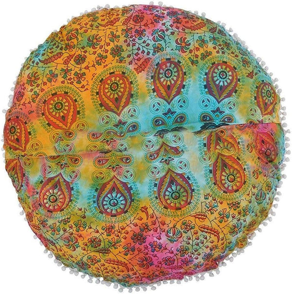 GDONLINE Indian Mandala Decor Floor Pillow Meditation Seating Throw Hippie Round Cushion Cover Decorative Pouf Cover