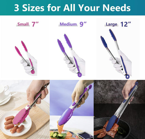 Kitchen Tongs Set of 3, Cooking Tongs with Silicone Tips, Stainless Steel Serving Tongs, Non-Scratch Heat Resistant Tongs for Grilling Cooking BBQ Salad Buffet (Pink/Purple/Navy, 7/9/12 Inch) by DAILY KISN