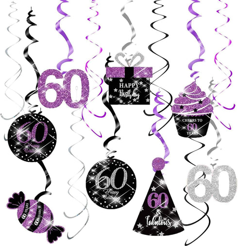 60th Birthday Decorations for Women, Purple Black Silver Hanging Swirls Ceiling for 60th Birthday Party