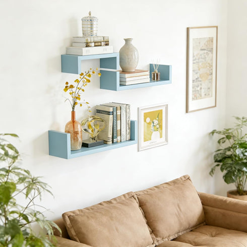 Set 3 SRIWATANA Floating U Shelves Wall Mounted, Solid Wood Wall Shelves of (Blue)