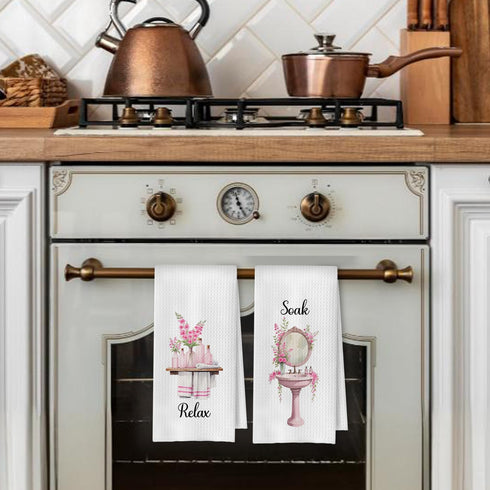 ArtisaEura 16x24 Inches Set 4 Farmhouse Pink Botanical Bathroom Hand Towels, Relax Breathe Soak Unwind Botanical