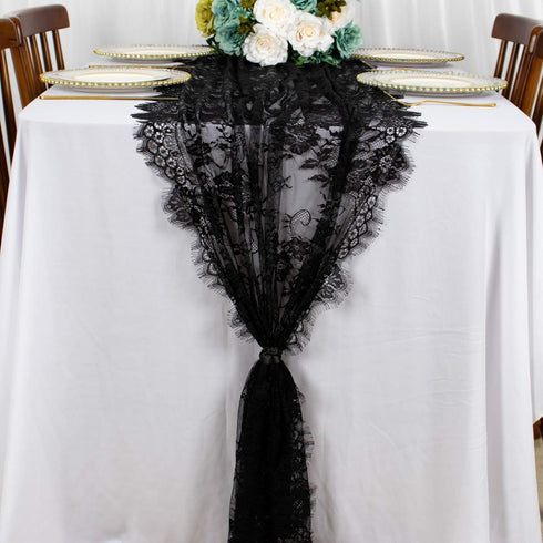 ShinyBeauty Black Lace Table Runner - 30x120 Inch Vintage Floral Lace Table Cloth for Weddings, Thanksgiving, Rustic