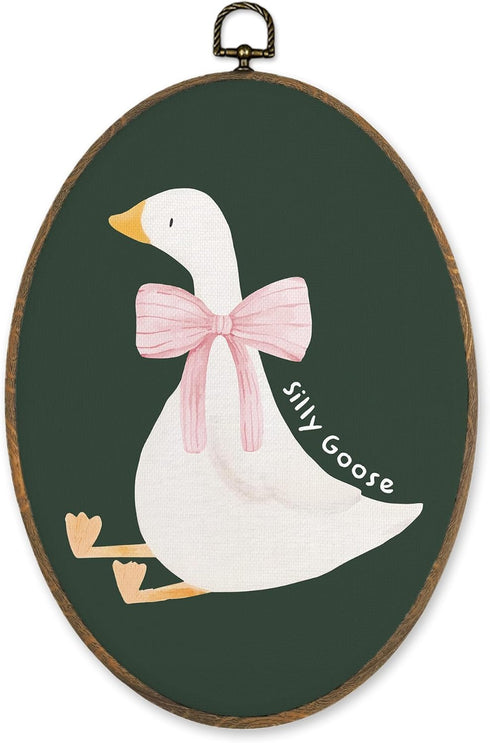 LKETW Coquette Pink Bow Silly Goose Oval Wall Art Decor, Dark Green