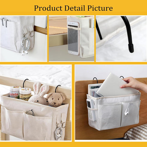 Bedside Caddy Organizer, Multi-Function Hanging Storage Bag for Bunk Bed & Dorm Bed Rails, White