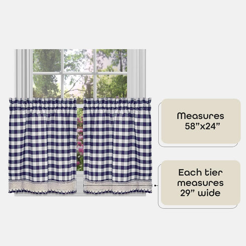 Buffalo Check Tier Pair Window Curtain Set, 58 Inch Width, 24 Inch Length, Navy & Ivory Plaid Drapes