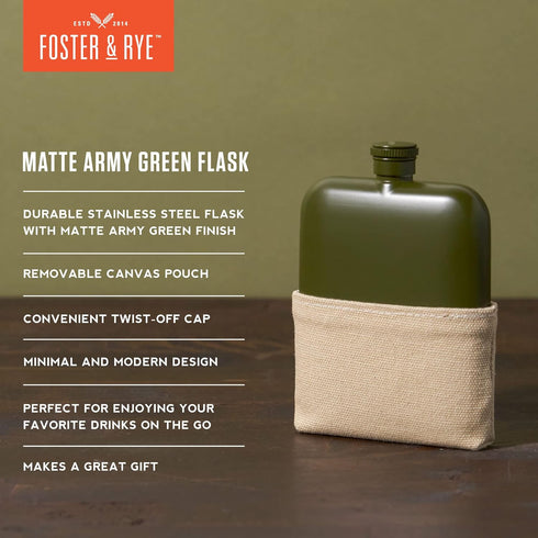 Foster & Rye 6oz Flask Whiskey Men-Stainless Steel Alcohol Matte Army Green with Canvas Wrap, Set of 1
