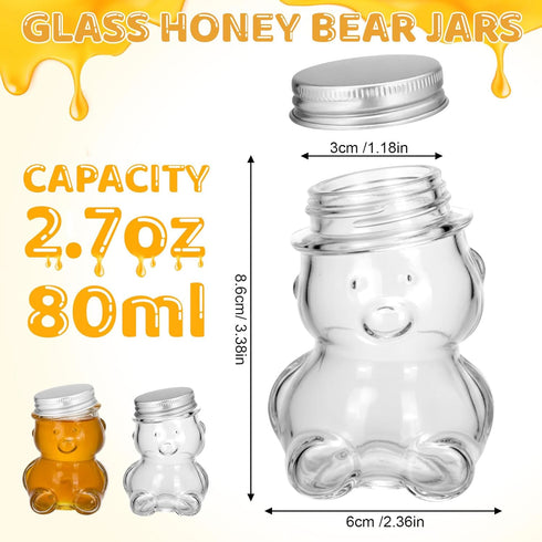 24 Pack 2.7 oz Patelai Glass Bear Shaped Honey Jars with Lids Reusable Small Tilted Bear Glass Bottles Containers