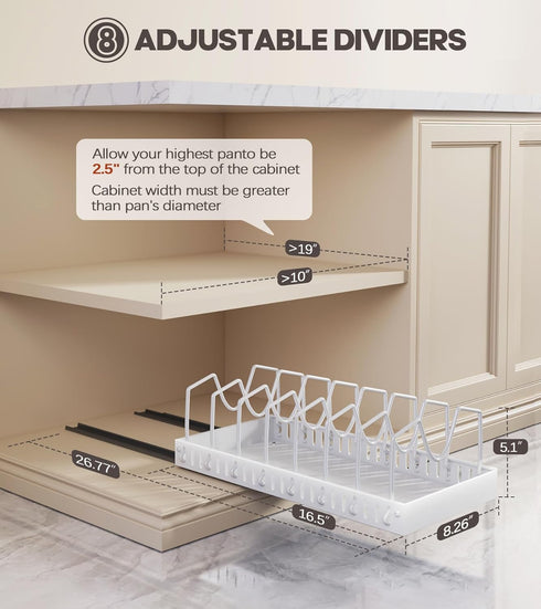 Pull Out Pots and Pans Organizer Under Cabinet, Sliding Lid Holder and Pan Rack, 8 Adjustable Dividers, 2 Pack White