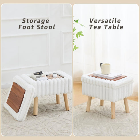 Wimarsbon Storage Ottoman,Soft Faux Fur Footstool with Padded Seat, Small Reading Vanity Chair, Footrest with Wood Tray