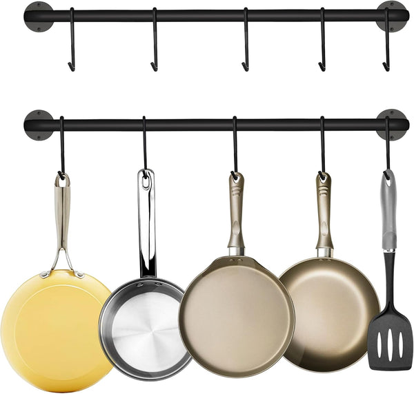 Black Steel Kitchen Utensil Rack Organizer, Wall-mounted Pot Pan Hanger Holder with 10 S Hooks