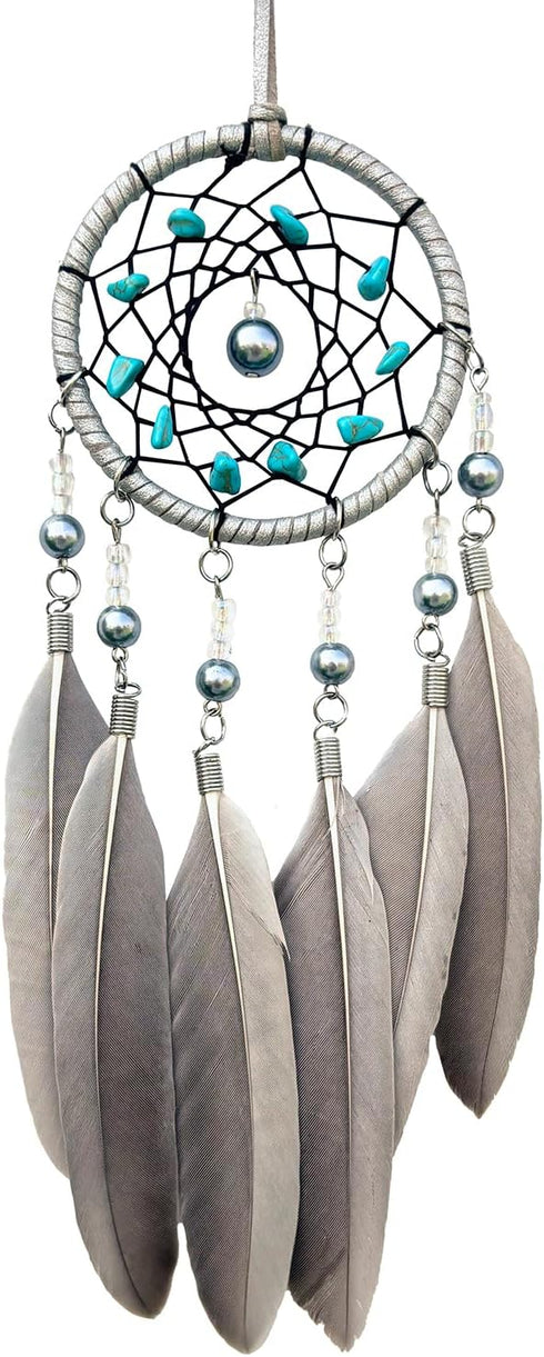 Small Dream Catchers for Cars Rear View Mirror, Handmade Gray Feather and Turquoise Car Charm Pendant