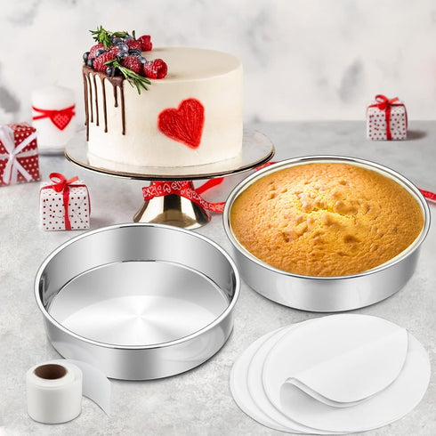 6 Inch Cake Pan Set of 2, E-Far Stainless Steel Round Layer Baking Pans with Parchment Rounds, Non-Toxic & Dishwasher