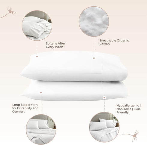 100% Organic Cotton Pillow Cases Queen Size Set of 2, 300 Thread Count, GOTS Certified, Soft & Breathable Pillowcases,