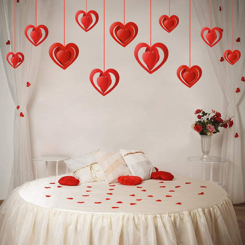 15 Pieces Valentine's Day 3D Heart Hanging Decorations - Red Hearts Hanging Ornaments with Ribbons for Party Supplies