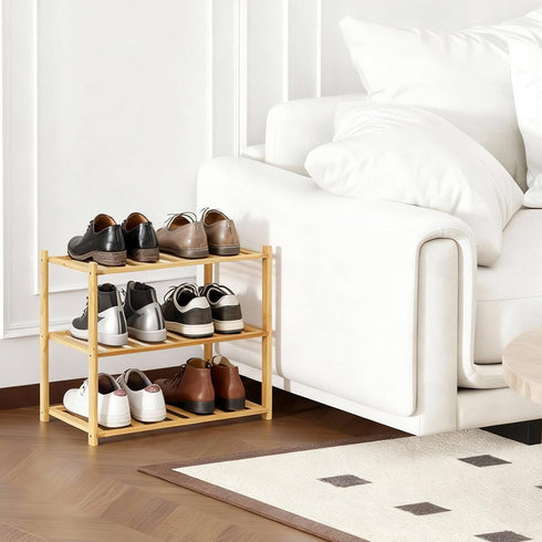 3 (3 Small Shoe Rack, Multipurpose Tier Shoe Organizers RackSmall Bamboo Shelfs for Shoes, Plants, Books, Living Room
