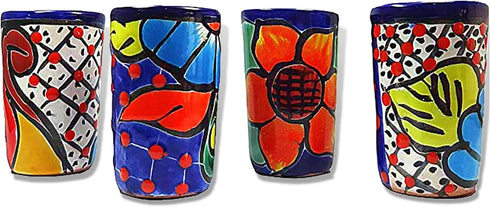 Talavera Shot Glasses Set of 4, Authentic Mexican Tequila Shot Glasses, Hand-painted, 2 Oz (Flowers Design)