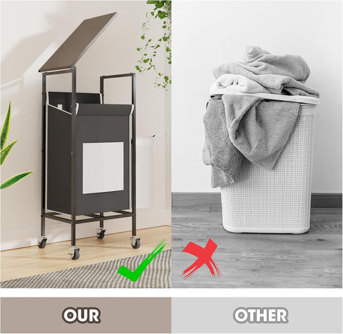 Laundry Hamper with Lid,Rolling Laundry Basket with Wheels,Metal Frame Sorter with Top Shelf and Removable Launddry