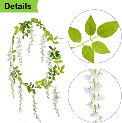 Lvydec Wisteria Artificial Flowers Garland, 4Pcs Total 28.8ft White Silk Hanging Flower for Home Garden