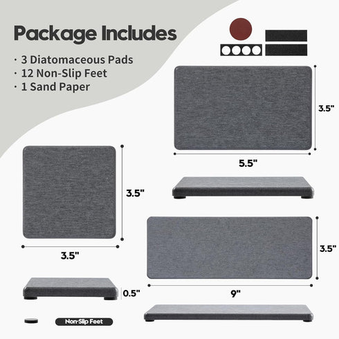 Razborci 3PCS Counter Gray,9"x 3.5" Water Absorbing Soap Dish Sponge Holder, Diatomite Stone Drying Tray Mat Sink Caddy