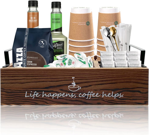 Farmhouse Coffee Station Organizer Basket for Countertop, Wooden Tray for Coffee Supplies, Sugar, Syrup, Tea (Brown)