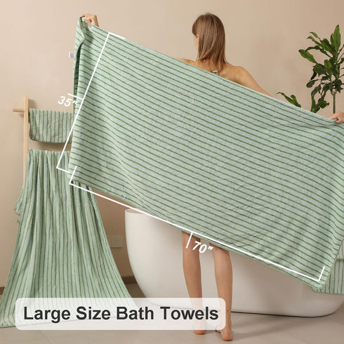 8 Set Sheet-2 Towels,2 Towels,4 Oliven Pcs Green Cabana Stripe Large Bath Towel Oversized Bath Bathroom Hand Washcloths