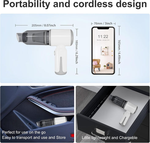 Mini Cordless Car Vacuum Cleaner, Portable 3 in 1 High Power Suction 9KPa, USB-C Charging for Car Home & Office