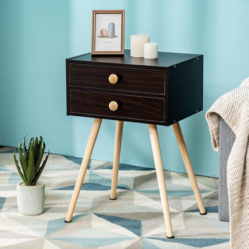 2-Drawer 4 Giantex Mid Century Modern Nightstand, Bedside Tables with Solid Wood Legs, Night Stand for Small Spaces