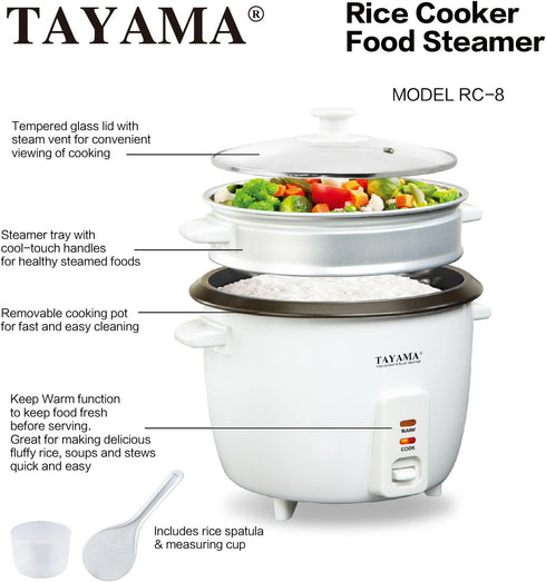 RC-8 8 Tayama Rice Cooker with Cup Steam Tray, White