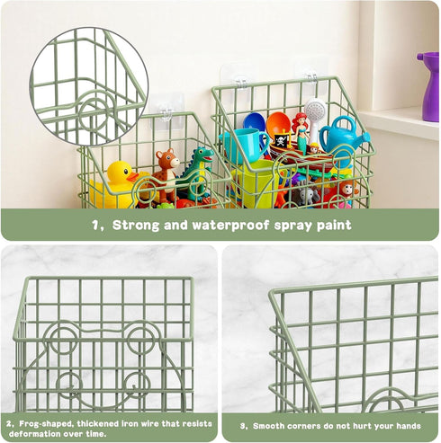 2 PackBath Greentainer Toy Organizer, Wall Mounted Shower Storage Basket - Metal Bathtub Toy Holder with Hooks