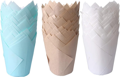 150PCS Tulip Cupcake Liners, Natural Baking Cups for Wedding, Birthday Party, Christmas (Blue, White)