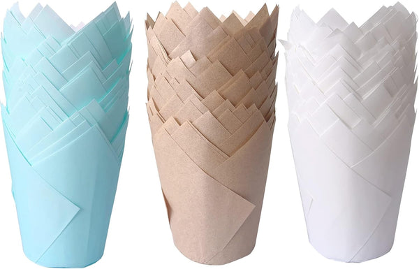 150PCS Tulip Cupcake Liners, Natural Baking Cups for Wedding, Birthday Party, Christmas (Blue, White)