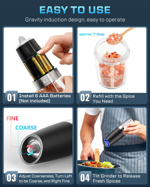 XinXu Gravity Automatic Electric Pepper and Salt Grinder, Auto Mill Shaker, Stainless Steel, Black with Blue LED Light