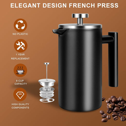 SZHETEFU 34 OZ 4-8 Large French Press, Premium Stainless Steel Sturdy Insulated French Press Coffee Maker, Cups French