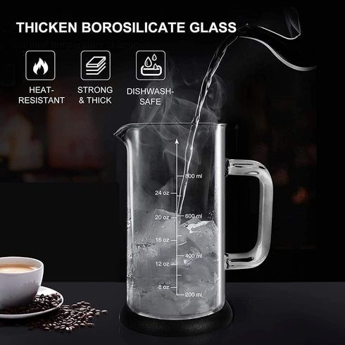 French Press Coffee Maker, 34 Ounce with 4 Filters System, Stainless Steel Plunger, Borosilicate Glass