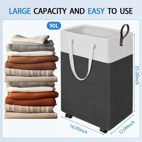 HomeHacks Large Rolling Laundry Hamper, Collapsible Basket on Wheels, Waterproof Clothes Hamper for Bathroom, Bedroom &