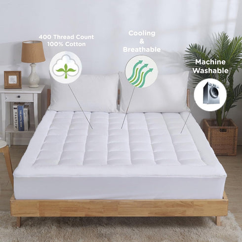 Sacred Thread Quilted Fitted Mattress Pad | Cooling Mattress Topper with 18 Inch Deep Pockets