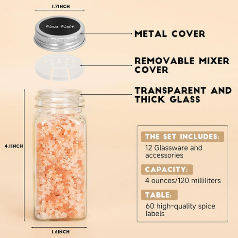 DIDITIME 24Pcs 4oz Spice Jars with Label, Empty Square Seasoning Containers, Spice Jars with Shaker Lids, Small Spice